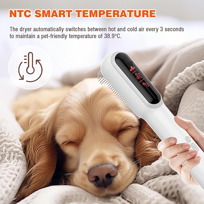 2 in 1 Portable Pet Hair Dryer for Dogs, LED Screen, NTC Smart Temperature Adjustment, Less Noise, 106000 High Rotating Speed Grooming Brush for Travel Camping