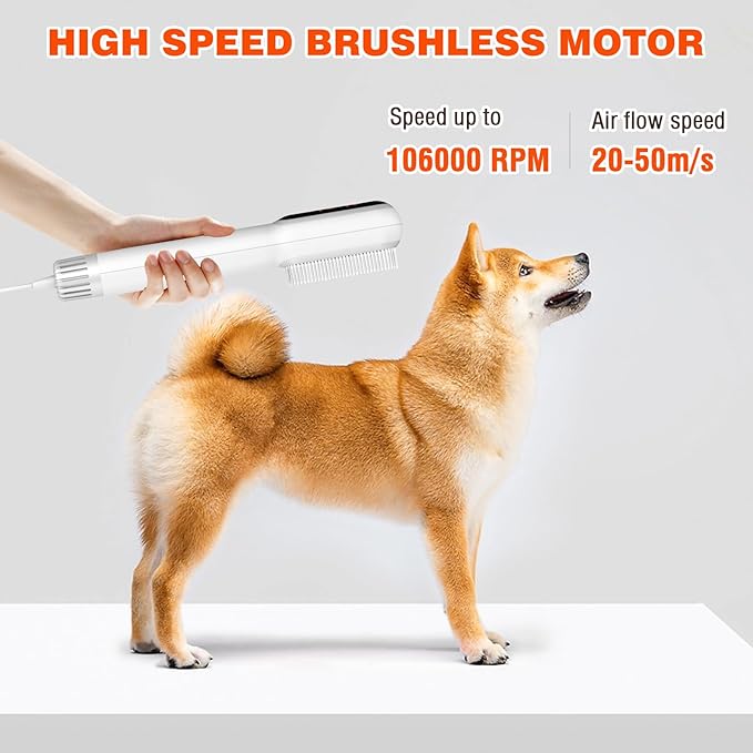 2 in 1 Portable Pet Hair Dryer for Dogs, LED Screen, NTC Smart Temperature Adjustment, Less Noise, 106000 High Rotating Speed Grooming Brush for Travel Camping