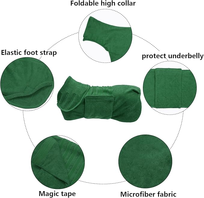 Geyecete Dog Drying Coat - Super Absorbent Pet Dog Cat Bath Robe Towel, Microfibre Fast Drying Towel, Luxuriously Soft - Green - L