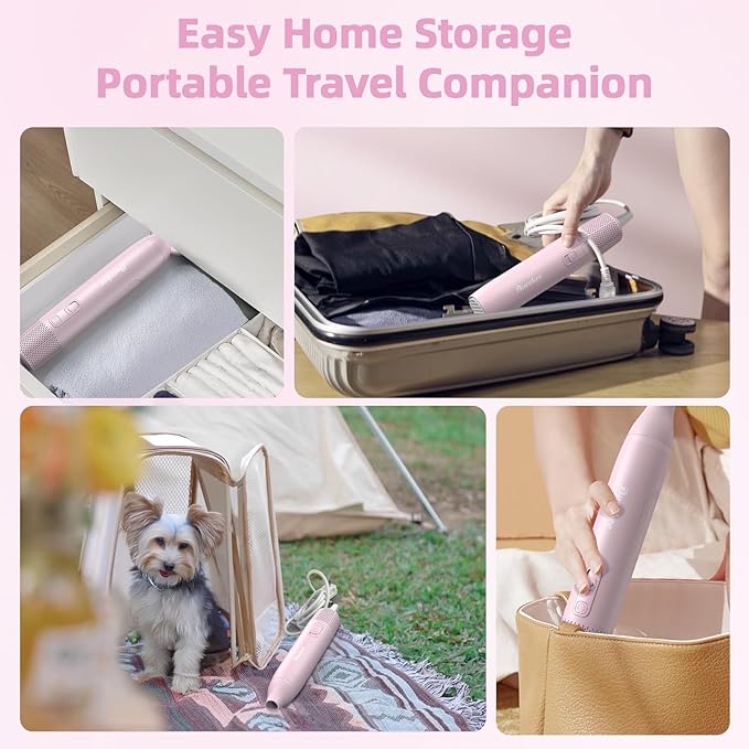 Dog Blow Dryer for Pet Grooming Handheld Lightweight Dog Cat Hair Dryer 3 Speeds 4 Temp, Portable 3HP High Velocity Pet Blower Quiet Dryer for Travel Campaign Home, with 3 Nozzles, Pink