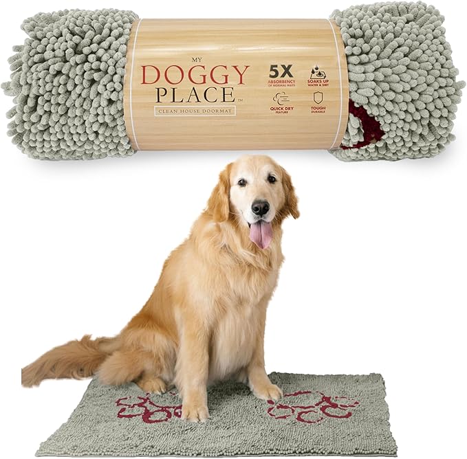 My Doggy Place Microfiber Dog Mat for Muddy Paws, 36" x 26" Light Gray With Paw Print - Absorbent Quick-Drying Cleaning, Washer and Dryer Safe - Non-Slip Rubber Backed Pet Mat, Large