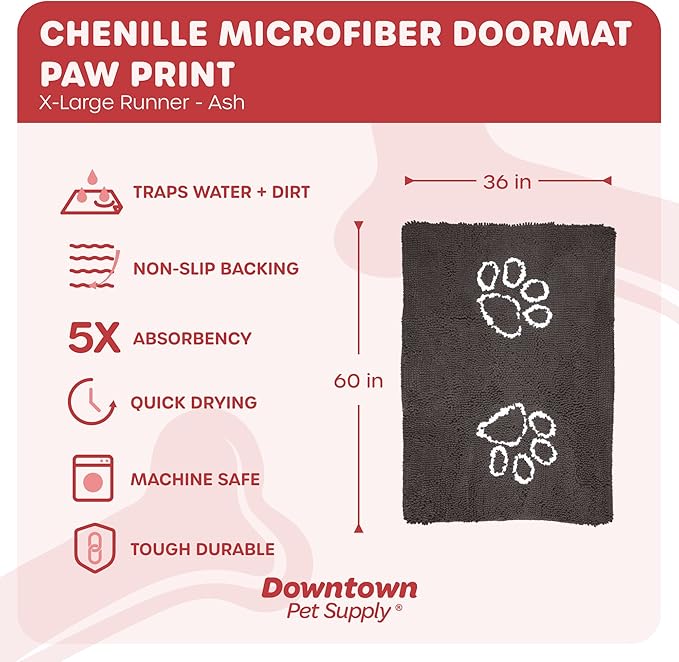 My Doggy Place Microfiber Dog Mat for Muddy Paws, 60" x 36" Ash with Paw Print - Non-Slip, Absorbent and Quick-Drying Dog Paw Cleaning Mat, Washer and Dryer Safe - X-Large/Runner