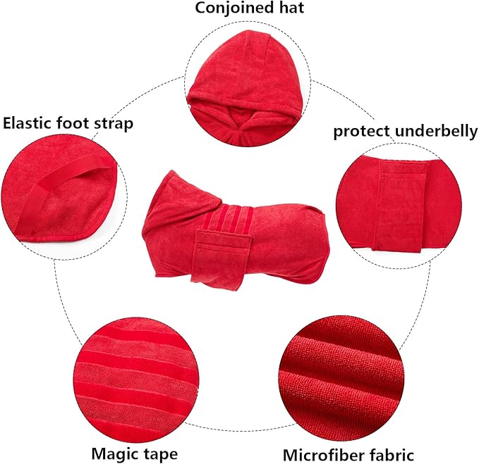 Geyecete Dog Drying Coats with Hood - Absorbent Robe Towel - Microfibre Fast Drying Super Absorbent - Red - XXL