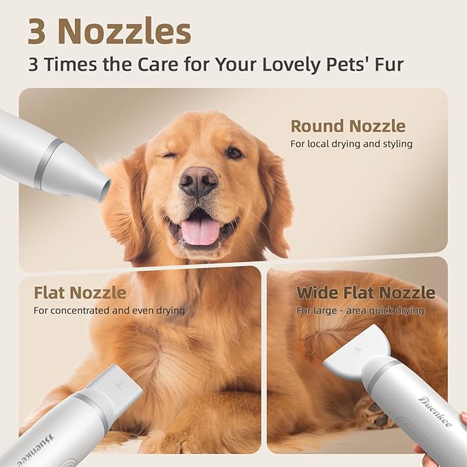 Dog Blow Dryer for Pet Grooming Handheld Lightweight Dog Cat Hair Dryer 3 Speeds 4 Temp, Portable 3HP High Velocity Pet Blower Quiet Dryer for Travel Campaign Home, with 3 Nozzles, White