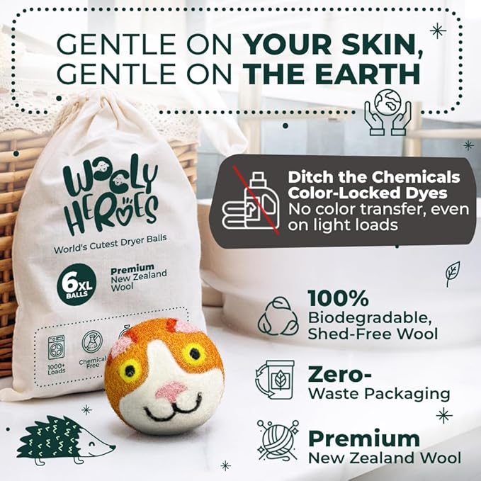 No More Dryer Sheets - Wool Dryer Balls - XL 6-Pack - Eco Dryer Balls - Dryer Balls Laundry Reusable - Softens Laundry Naturally - Reduces Drying Time & Static - with Storage Bag