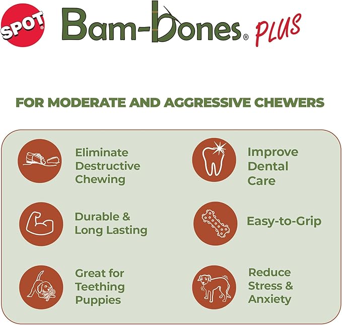 SPOT Bam-Bones Plus Bamboo Stick - Bamboo Fiber & Nylon, Durable Long Lasting Dog Chew for Aggressive Chewers – Great Toy for Adult Dogs & Puppies Under 90lbs, Non-Splintering, 9.5in, Chicken Flavor