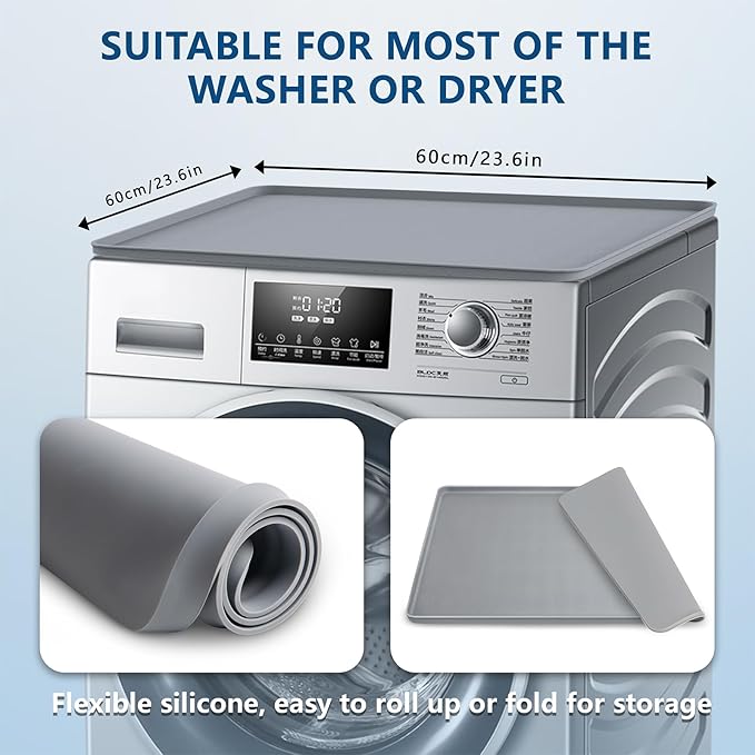 2 Pcs Washer and Dryer Covers for The Top, 23.6" x 23.6" Silicone Washer and Dryer Top Protector Mat, Non-slip Washable Washing Machine Cover for the Top Mat for Home Kitchen Laundry (Gray)