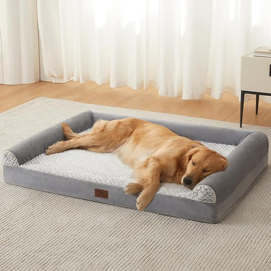 Orthopedic Dog Beds for Large Dogs, Waterproof Memory Foam Large Dog Bed with Sides, Non-Slip Bottom and Egg-Crate Foam Big Pet Couch Bed with Washable Removable Cover, Grey