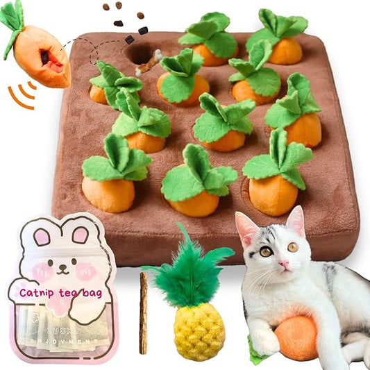 Carrot Catnip Toys, Interactive Feather Cat Toys for Indoor Cats, Cat Puzzle Toys for Boredom and Mental Stimulation, 12 Squeaky Carrots with Treat Pockets and 12 Catnip Tea Bags