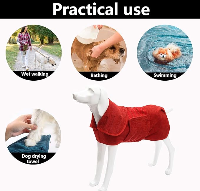 Geyecete Dog Drying Coat - Fast Drying Bathrobe Towel - Microfibre Super Absorbent Pet Cat Bath Robe - Red - M