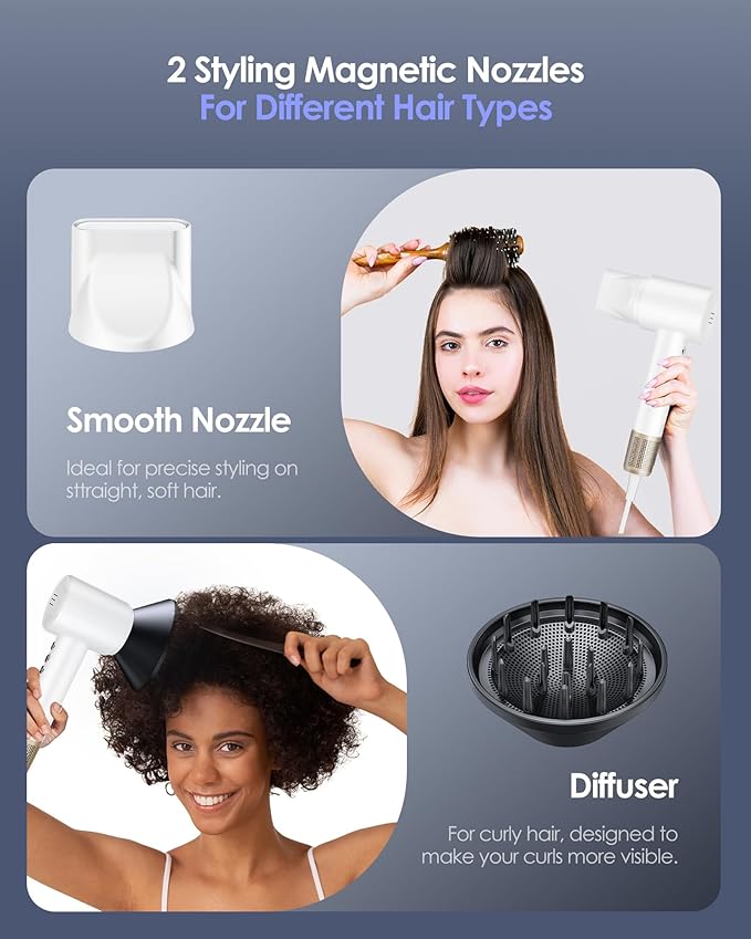 Hair Dryer -Bopcal Ionic Blow Dryer, 500 Million Ions Fast Drying, Low-Noise Hairdryer, 3 Speeds & 4 Temps with Travel Size for Professional Styling at Home/Salon