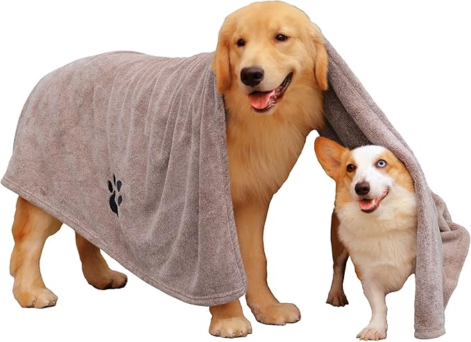 Extra Large Dog Towels for Drying Dogs Super Absorbent Soft Microfiber Pet Bath Grooming Towel for Dogs Cats and Other Pets (XL-55" * 36", Brown)