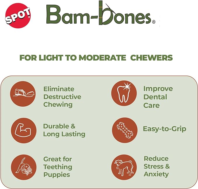 SPOT Bam-Bones Wishbone - Made with Strong Bamboo Fiber, Durable Long Lasting Dog Chew for Light to Moderate Chewers, Great Toy for Adult Dogs & Teething Puppies Under 30lbs, 5.25in, Chicken Flavor
