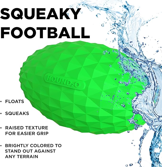 Hound2O Outdoor Dog Toys - Squeaky Football, Green - Tough, Engaging, & Interactive Toy for All Breeds- Chew, Chase, & Fetch - Durable Non-Toxic Materials That Float - Easy to Clean for Outdoor Play