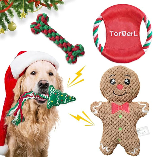 Christmas Dog Toys Set Xmas Holiday Squeaky Pet Plush Toy for Aggressive Chewers Large Medium Small Breed Puppy Chew Rope Flying Disc for Teething (4 Pack)