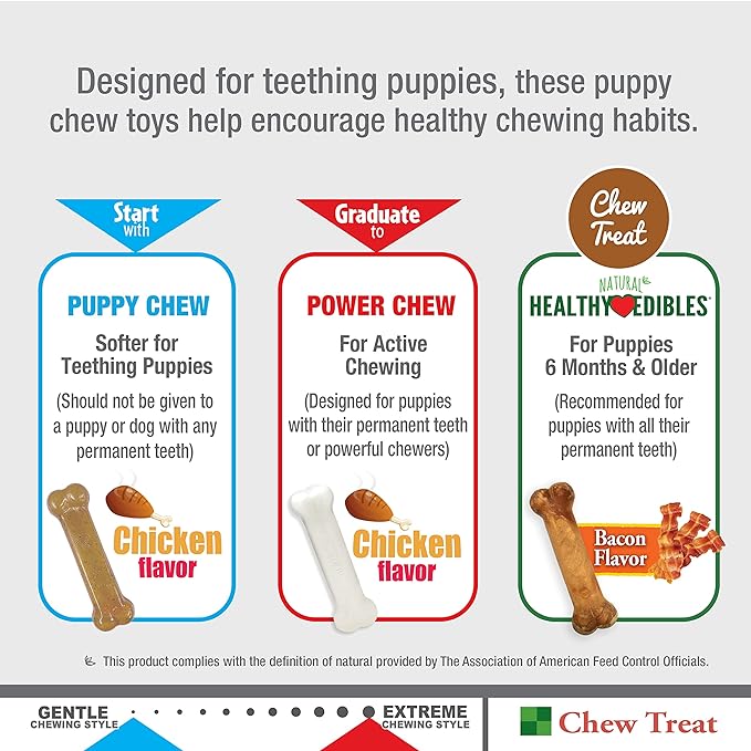 Nylabone New Puppy Starter Kit, 2 Chew Toys and 1 Natural Treat for Puppies, Bacon & Chicken Flavor, Small - Up to 25 lbs, 3 Pack