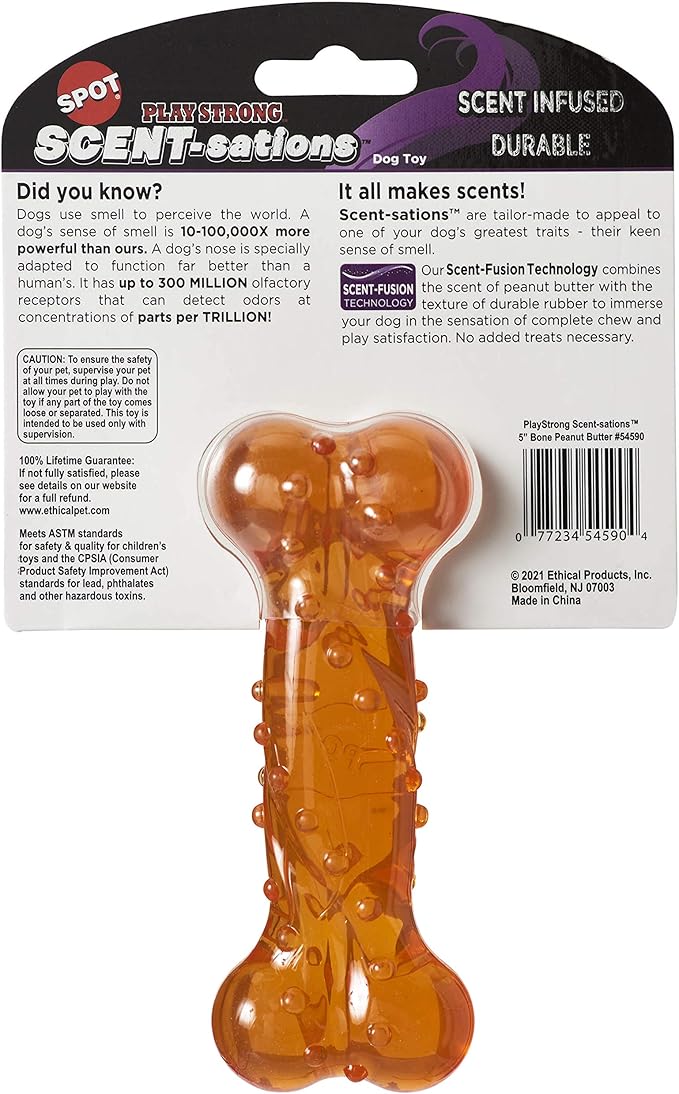 SPOT Play Strong Scent-sations Bone- Scent-Infused, Strong, Durable TPR Rubber, Heavy Duty Dog Toys for Aggressive Chewers up to 45lbs, Great for Puppies & Medium Breeds, 5in, Peanut Butter Flavored