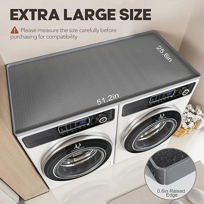 Washer Dryer Countertop, 51.2" x 25.6" Large Washer and Dryer Covers for The Top, Non-Slip Waterproof Silicone Dryer Top Protector Mat, Washer Dryer Topper for Laundry Room Kitchen Home（Gray）