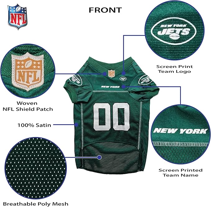 Pets First NFL New York Jets Dog Jersey, Size X-Large. Licensed Jersey Shirt for Dogs