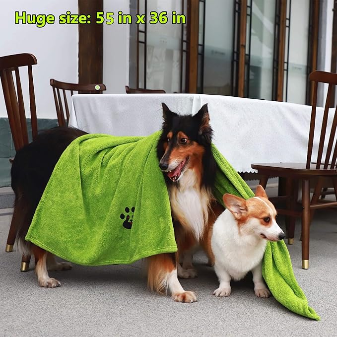 Extra Large Dog Towels for Drying Dogs - Pack of 2 - Super Absorbent Soft Microfiber Pet Bath Grooming Towel for Dogs Cats and Other Pets (XL-55" * 36", Green and Brown)