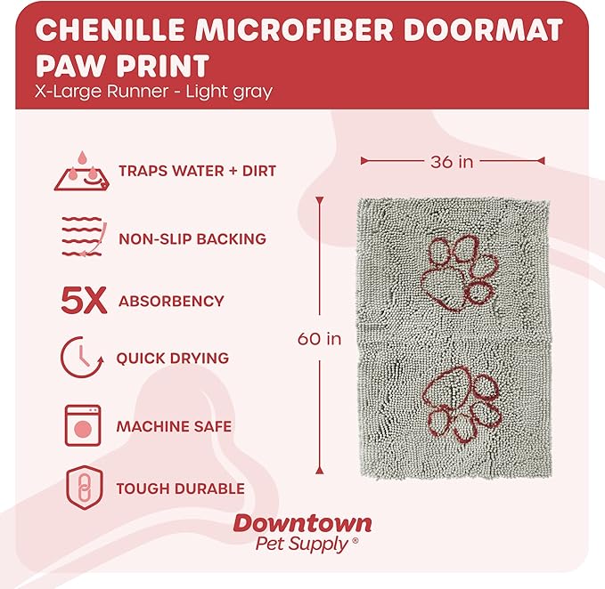 My Doggy Place Microfiber Dog Mat for Muddy Paws, 60" x 36" Light Gray with Paw Print - Non-Slip, Absorbent and Quick-Drying Dog Paw Cleaning Mat, Washer and Dryer Safe - X-Large/Runner