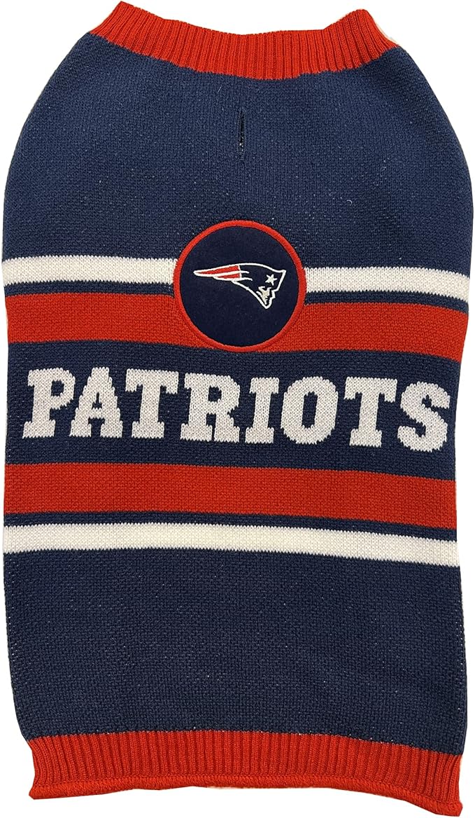 NFL New England Patriots Dog Sweater, Size Large. Warm and Cozy Knit Pet Sweater with NFL Team Logo, Best Puppy Sweater for Large and Small Dogs