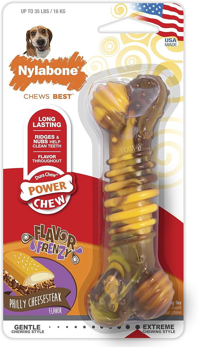 Nylabone Flavor Frenzy Dental Bone Power Chew Toy, Dog Toys for Aggressive Chewers, Philly Cheesesteak, Medium - Up to 35 lbs, 1 Count