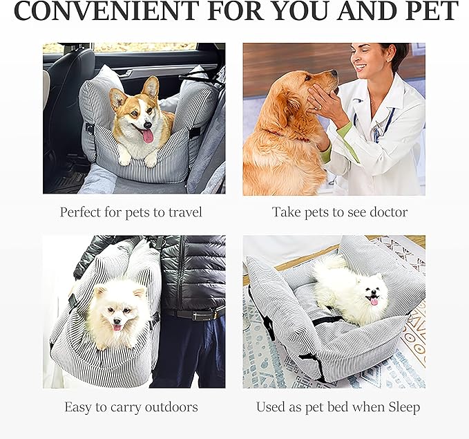 Johnear Dog Car Seat Pet Travel Booster Seat Bed ，Detachable and Washable, Non-Slip Portable Cat Nest Pet Carrier Bed Puffy Dog Back Seat Handbag Cushion，Blue Stripe for Small Dogs Bed Sofa