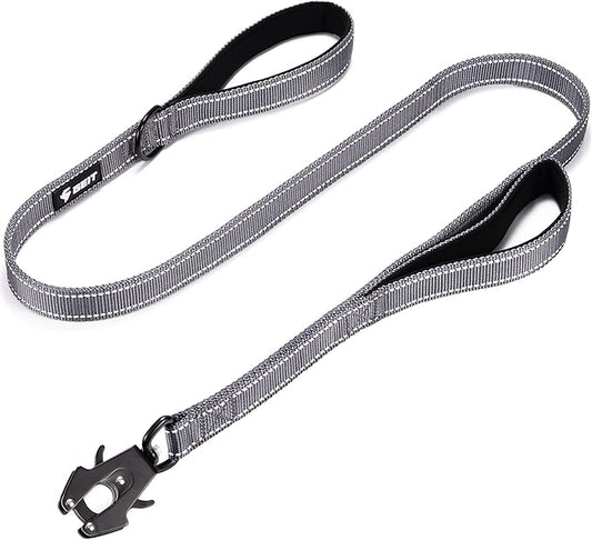 GEIT 4/5/6FT Heavy Duty Dog Leash, 2 Handles Reflective Rope Leashes, Walking Lead with Quick Release/Locking Tactical Frog Clip for Small Medium and Large Dogs, Grey