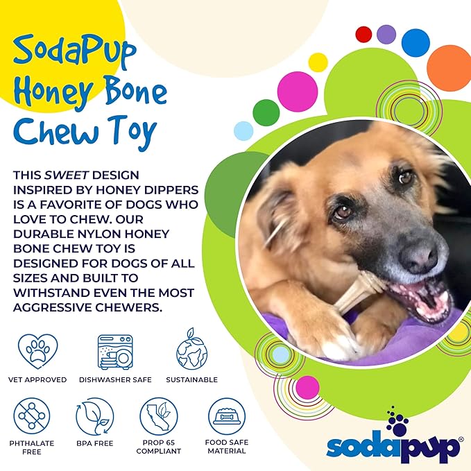 SodaPup Honey Bone – Durable Dog Chew Toy Made in USA from Non-Toxic, Pet Safe, Food Safe Nylon Material for Mental Stimulation, Clean Teeth, Fresh Breath, Problem Chewing, Calming Nerves, & More