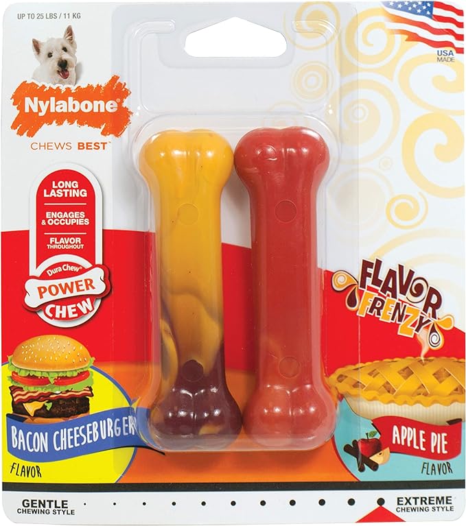 Nylabone Original Bone Power Chew Toy for Dogs, Durable Dog Toys for Aggressive Chewers, Flavor Frenzy Bacon Cheeseburger & Apple Pie Flavor, Small - Up to 25 Ibs, 2 Pack