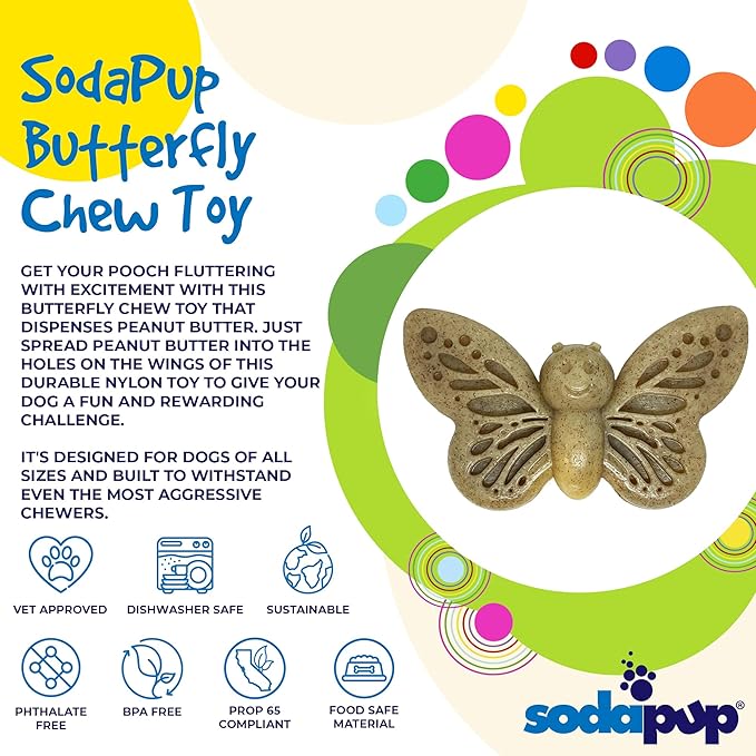 SodaPup Butterfly – Durable Dog Chew Toy Made in USA from Non-Toxic, Pet Safe, Food Safe Nylon Material for Mental Stimulation, Clean Teeth, Fresh Breath, Problem Chewing, Calming Nerves & More