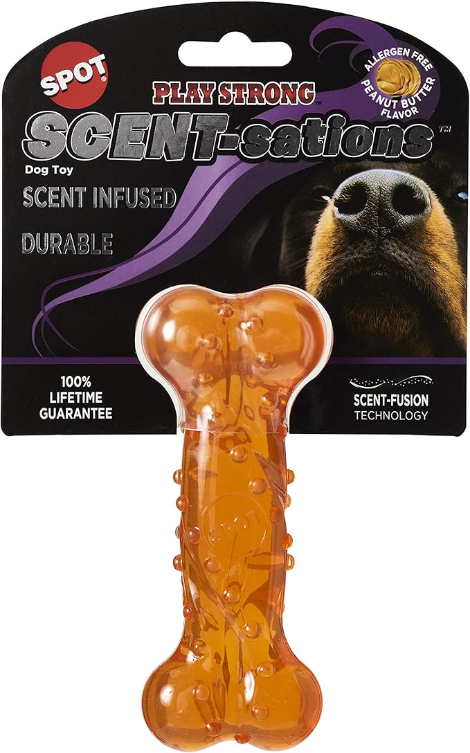 SPOT Play Strong Scent-sations Bone- Scent-Infused, Strong, Durable TPR Rubber, Heavy Duty Dog Toys for Aggressive Chewers up to 45lbs, Great for Puppies & Medium Breeds, 5in, Peanut Butter Flavored