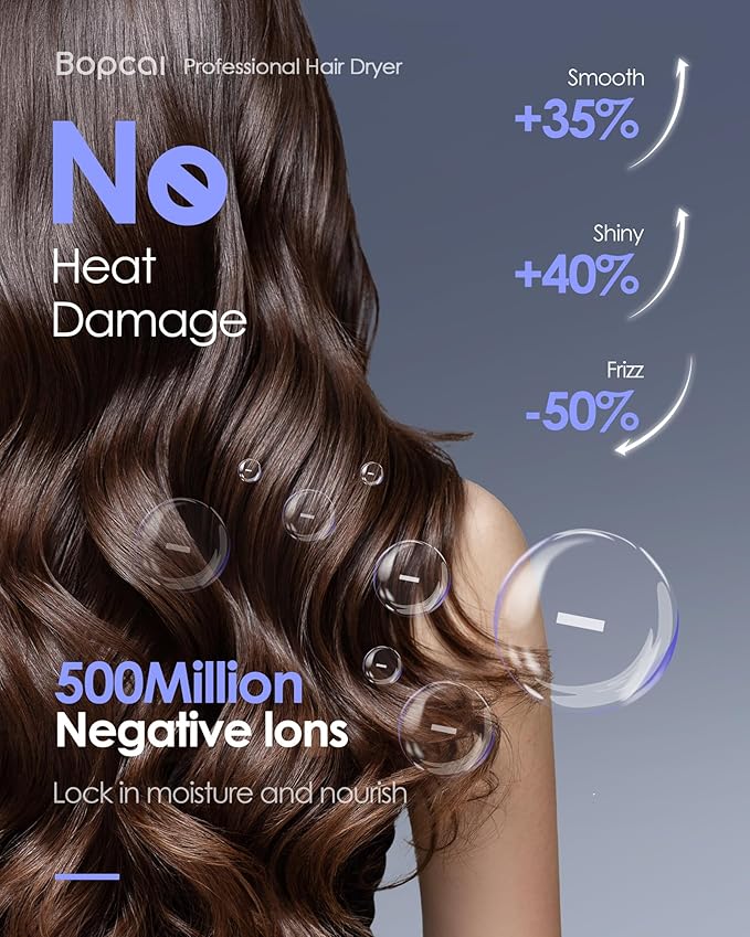 Hair Dryer -Bopcal Ionic Blow Dryer, 500 Million Ions Fast Drying, Low-Noise Hairdryer, 3 Speeds & 4 Temps with Travel Size for Professional Styling at Home/Salon