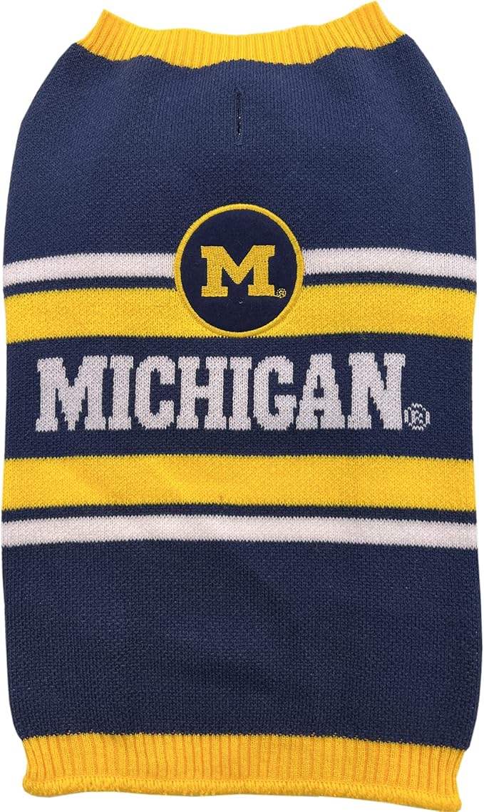NCAA Michigan Wolverines Dog Sweater, Size Small. Warm and Cozy Knit Pet Sweater with NCAA Team Logo, Best Puppy Sweater for Large and Small Dogs