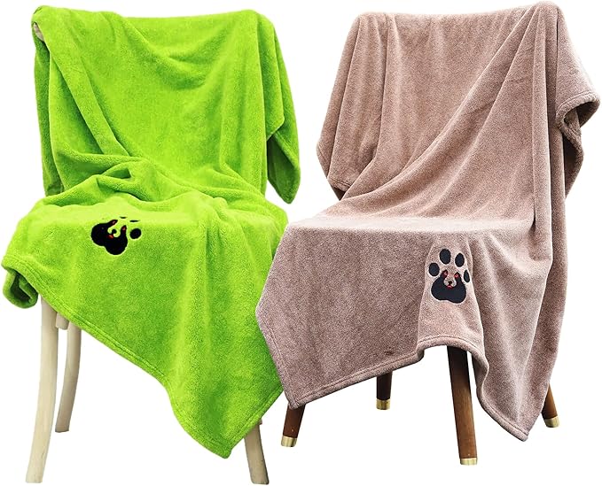Extra Large Dog Towels for Drying Dogs - Pack of 2 - Super Absorbent Soft Microfiber Pet Bath Grooming Towel for Dogs Cats and Other Pets (XL-55" * 36", Green and Brown)