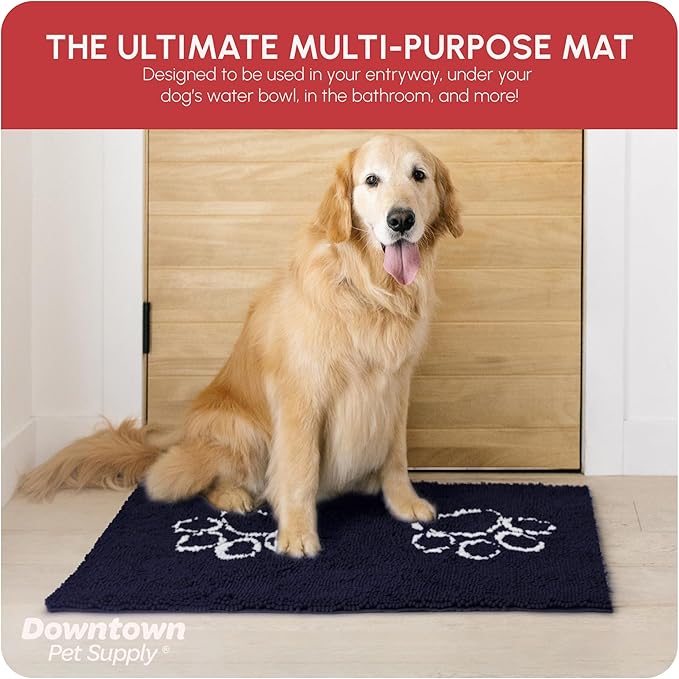 My Doggy Place Microfiber Dog Mat for Muddy Paws, 36" x 26" Navy Blue With Paw Print - Absorbent, Quick-Drying, Washer and Dryer Safe - Non-Slip Rubber Backed Pet Cleaning Mat, Large