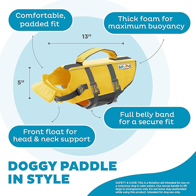 Outward Hound Granby Splash Dog Life Jacket, High-Buoyancy Dog Life Vest for Swimming, Boating, and Water Safety, Small, Yellow