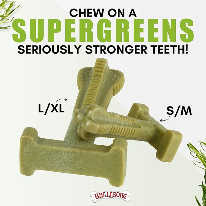 Bullibone SuperBrush: Dog Teeth Cleaning Brushing Toothbrush Stick - Long Lasting Nylon Super Greens Chew Toy for Oral Care and Dental Health