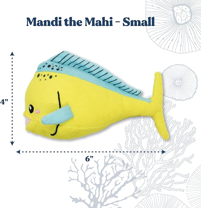 Ocean Collection Dog Toys | Small Sized Mandi The Mahi Mahi | Cute, Durable, & Sustainable Plush Chew Toys for Dogs up to 25 lbs | Eco Friendly & 100% Recycled Materials