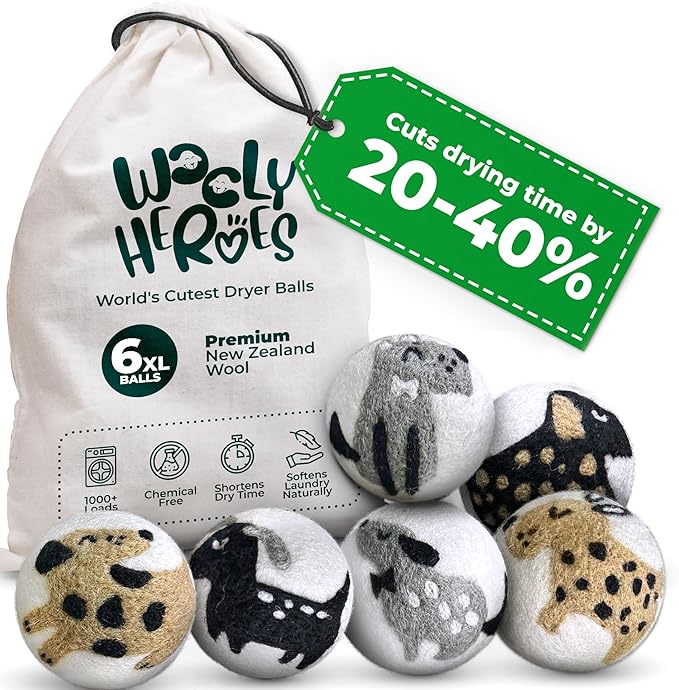 No More Dryer Sheets - Wool Dryer Balls - XL 6-Pack - Eco Dryer Balls - Dryer Balls Laundry Reusable - Softens Laundry Naturally - Reduces Drying Time & Static - with Storage Bag
