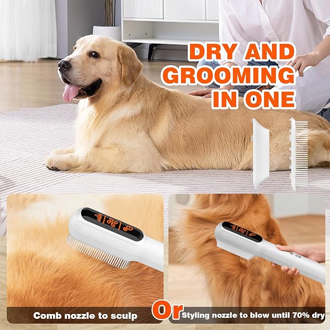 2 in 1 Portable Pet Hair Dryer for Dogs, LED Screen, NTC Smart Temperature Adjustment, Less Noise, 106000 High Rotating Speed Grooming Brush for Travel Camping