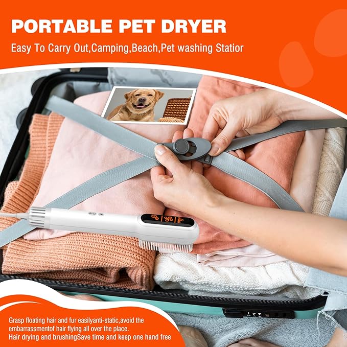 2 in 1 Portable Pet Hair Dryer for Dogs, LED Screen, NTC Smart Temperature Adjustment, Less Noise, 106000 High Rotating Speed Grooming Brush for Travel Camping