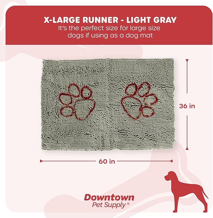 My Doggy Place Microfiber Dog Mat for Muddy Paws, 60" x 36" Light Gray with Paw Print - Non-Slip, Absorbent and Quick-Drying Dog Paw Cleaning Mat, Washer and Dryer Safe - X-Large/Runner