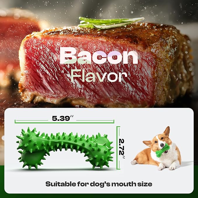 Dog Chew Toys for Aggressive Chewers - Rubber Chew Toys, Bacon Flavor Teething Dog Toys, Interactive Toy for Teeth Cleaning and Gum Massage, Bacon Flavour (Green)