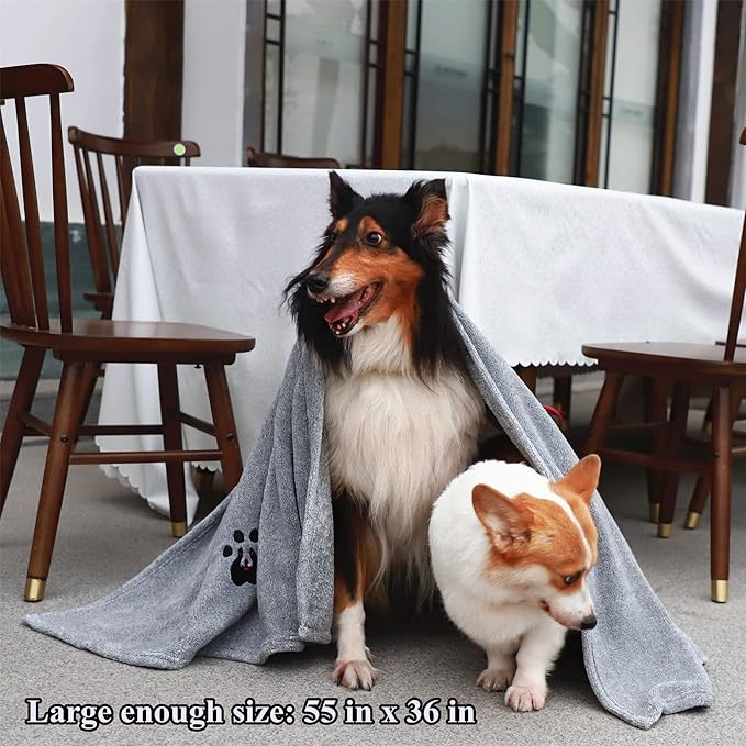 Extra Large Dog Towels for Drying Dogs Super Absorbent Soft Microfiber Pet Bath Grooming Towel for Dogs Cats and Other Pets (XL-55" * 36", Grey)