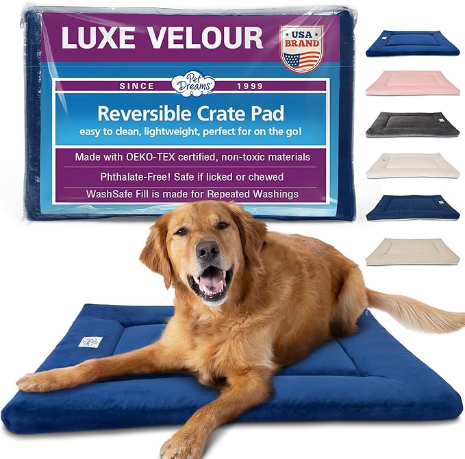 Pet Dreams Dog Crate Pad - Washable Kennel Mat, Crate Pads for Dog Cages, Non-Toxic, Flat Indoor Cat Bed, Fits iCrate 18, 24, 30, 36, 42, 48 Inches (Blue, Large, 36")
