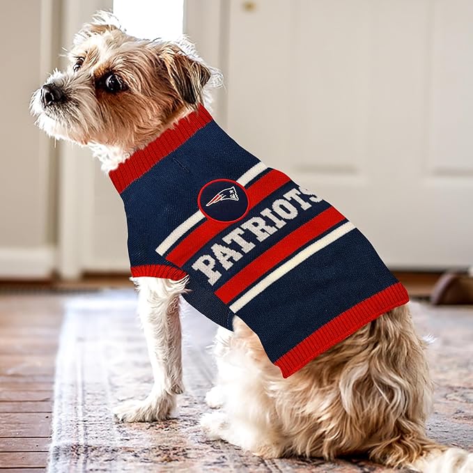NFL New England Patriots Dog Sweater, Size Large. Warm and Cozy Knit Pet Sweater with NFL Team Logo, Best Puppy Sweater for Large and Small Dogs