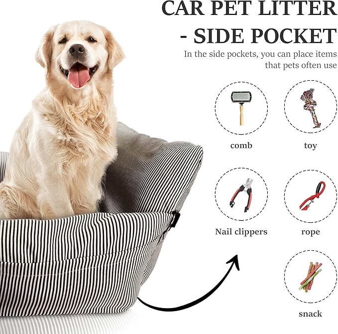 Johnear Dog Car Seat for Medium Pets Under 55 lbs - Pet Booster Travel Bed With 2 Pockets and Safety Leash, Detachable Washable Carrier Handbag Cushion Couch 30*20.5 inches