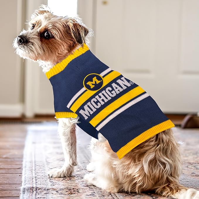 NCAA Michigan Wolverines Dog Sweater, Size Small. Warm and Cozy Knit Pet Sweater with NCAA Team Logo, Best Puppy Sweater for Large and Small Dogs